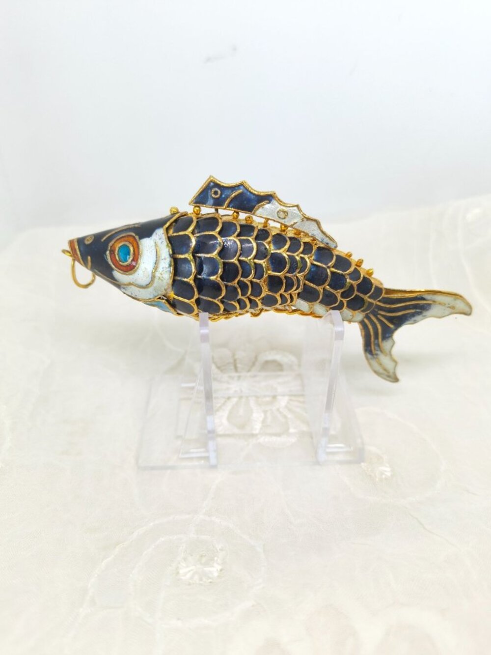 VTG Chinese Gilt Silver & Cloisonne Deep Blue Enamel Fish/Koi Pendant 4.5" LRG